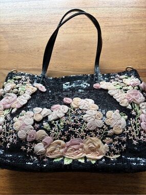 Valentino Garavani Black Sequin Tote with Pink & Cream Floral Appliqué